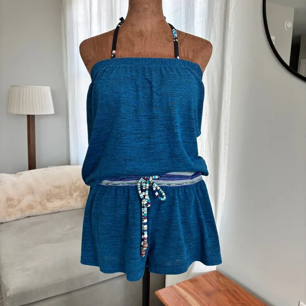 2000s Lucky Brand Bathing Suits Swim Romper Cover Up Strapless Blue Boho XS‎ / S